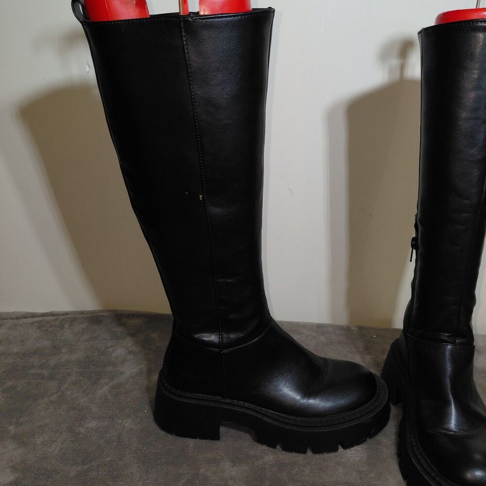 Topshop Riya Knee High Chunky Boots Womens 37 Black Round Toe Leather US 6.5